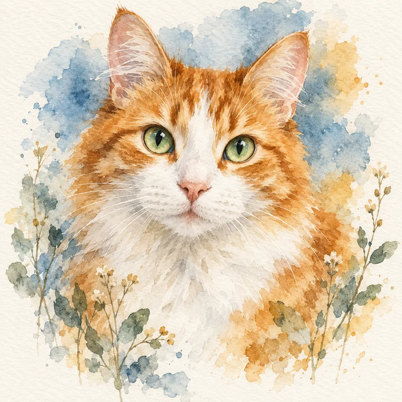 Orange and white cat in a soft watercolor portrait